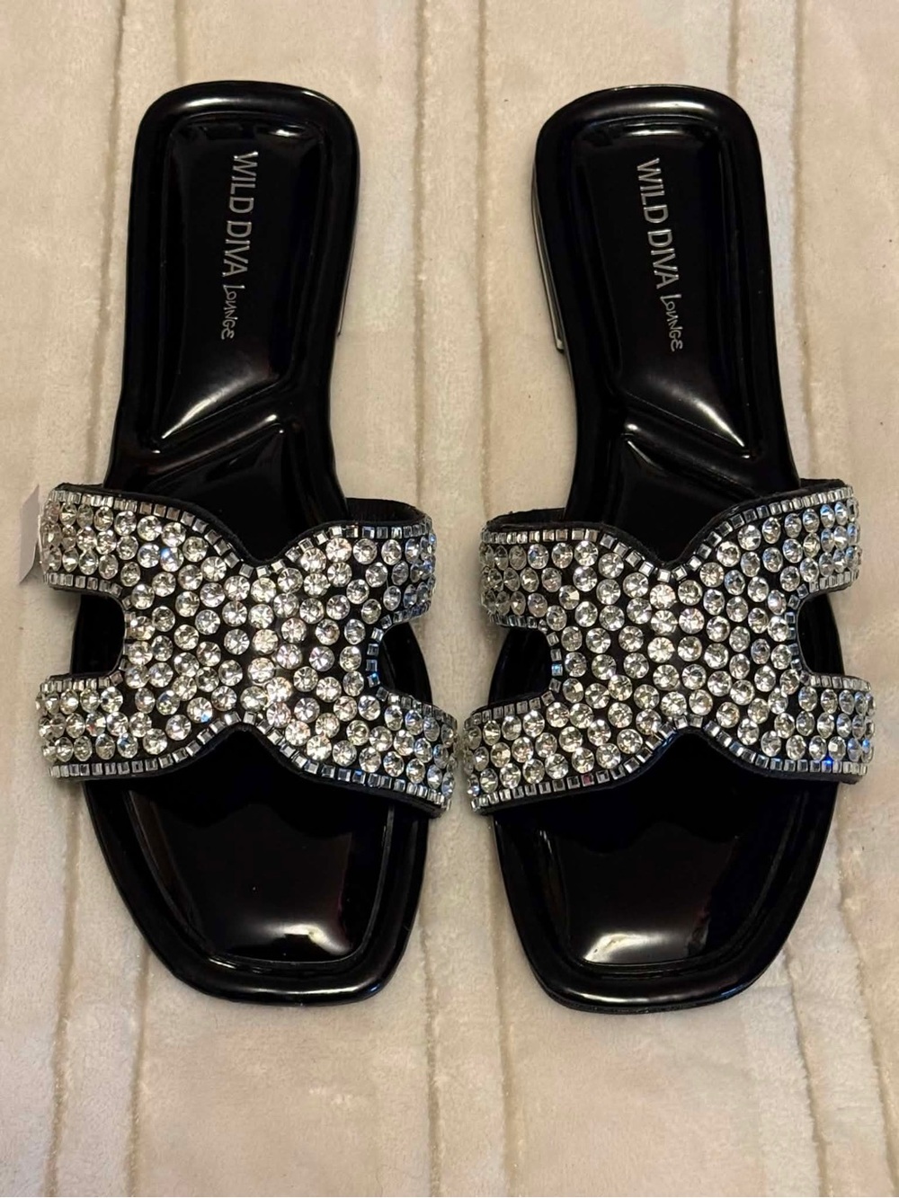DIVA Lounge Black Slip-On Mules with Crystal Embellishments